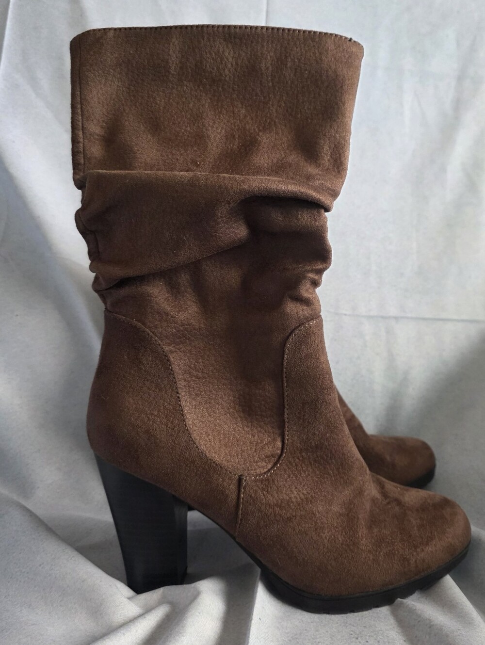 Brown Suede Mid-Calf Heeled Boots